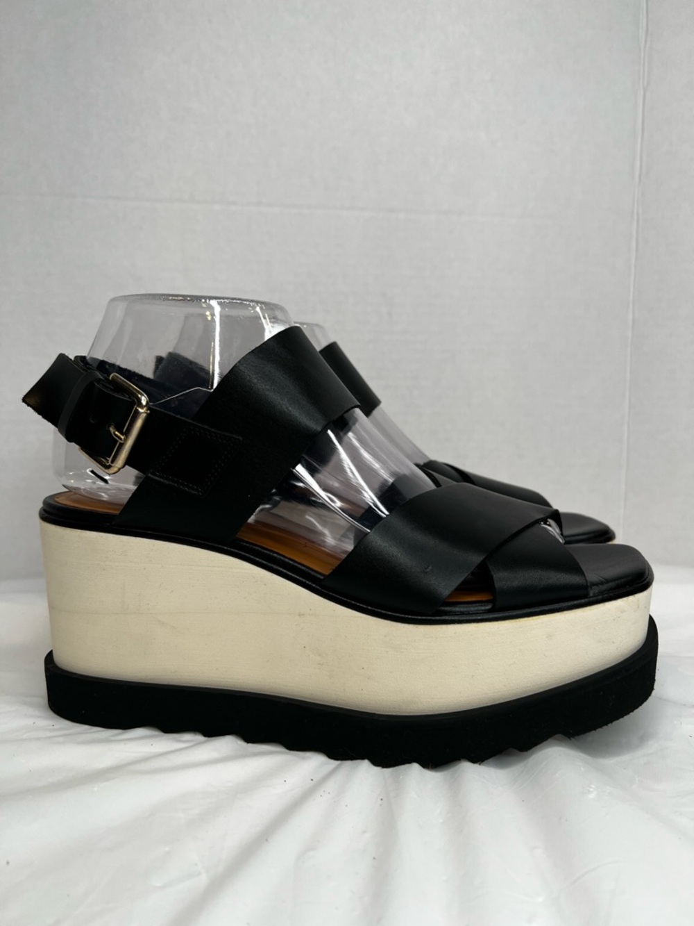 Free People Black Leather Crisscross Platform Sandals with Cream Midsole